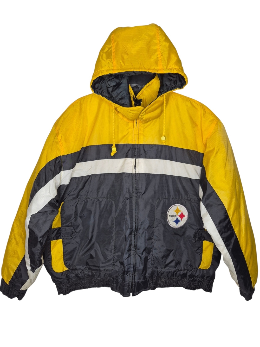 Vintage 90s Pro Player Pittsburgh Steelers Hooded Puffer Jacket Mens XL